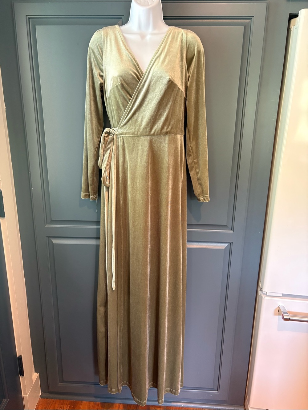 Elegant Olive Green Velvet Wrap Maxi Dress